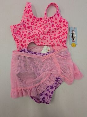 Cat & Jack Girls Leopard One Piece Swimsuit Size S 6/7 Pink Animal Print with Tu